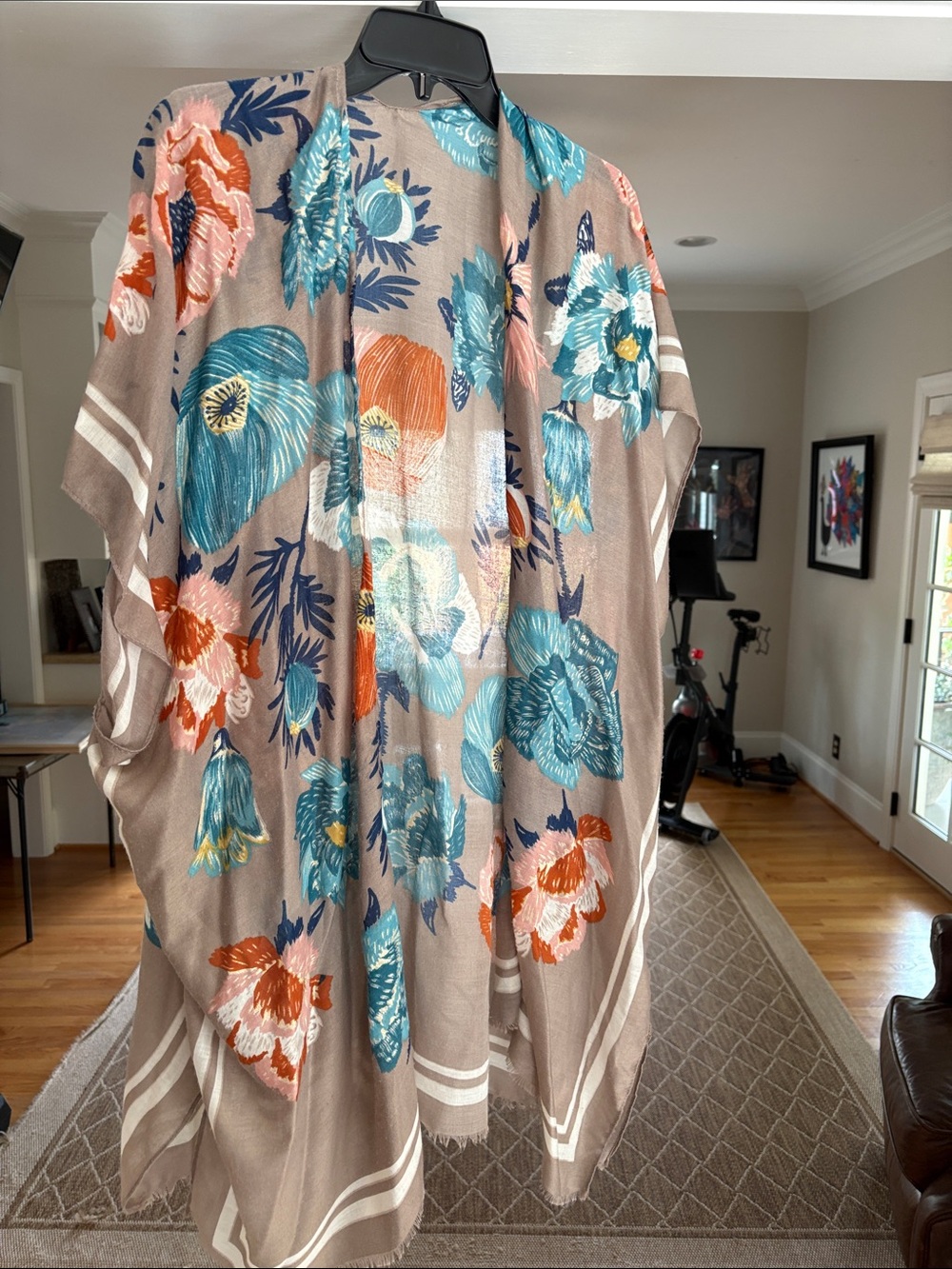 Floral Open-Front Kimono in Taupe with Teal and Coral Accents
